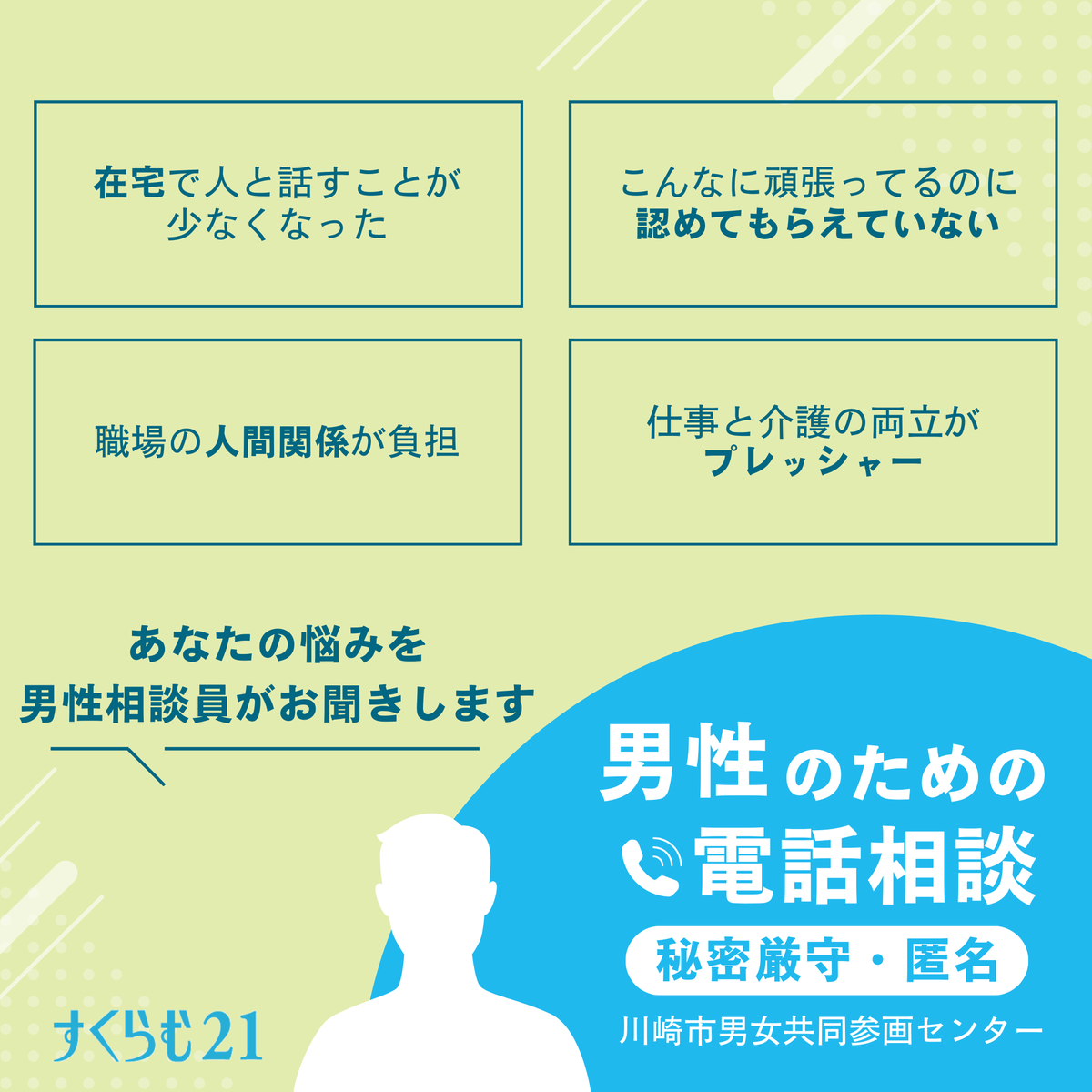 scrum21_'s tweet photo. 「今後の働き方や生き方を整理したい」
「パートナーとの関係を話したい」
「職場の人間関係が負担」
「仕事と介護の両立がプレッシャー」

毎週水曜日18:00-21:00男性のための #電話相談 を実施しています。

ご相談は　#男性相談員 がお聞きします。 https://t.co/Fd4cgB4pLf