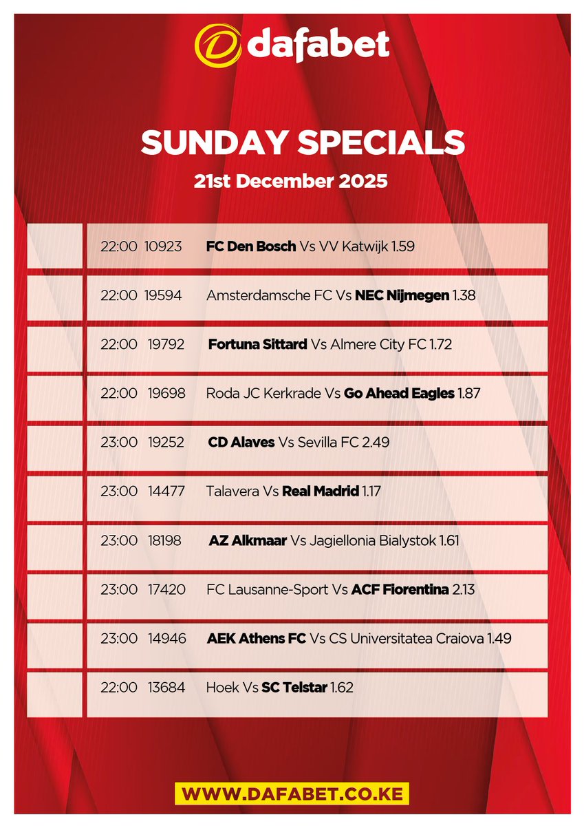 Check out our Sunday selections.
18+ BET RESPONSIBLY | Be Gamble Aware | Gambling can be addictive BCLB NO BK-0001237
#DafaSpecials #TukoGame