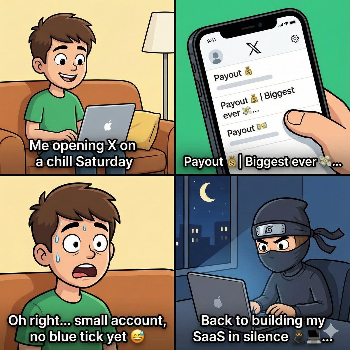 AzimKrishna's tweet image. Payout day on the TL hitting different when you're still in the trenches 😆
Respect to everyone who's made it with your hardwork. 

Keep inspiring us small accounts to grind harder 💪