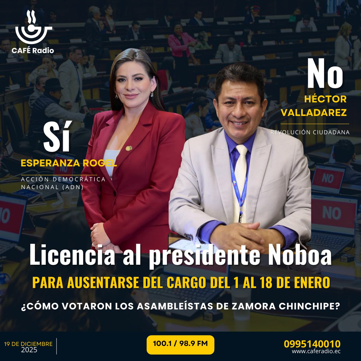 CafeRadioEc's tweet image. 🔴🇪🇨📻 Con 81 votos afirmativos, se aprueba la moción para aceptar la solicitud de licencia del presidente Daniel Noboa para ausentarse del cargo del 1 al 18 de enero de 2026. 

¿Cómo votaron los asambleístas de #ZamoraChinchipe?