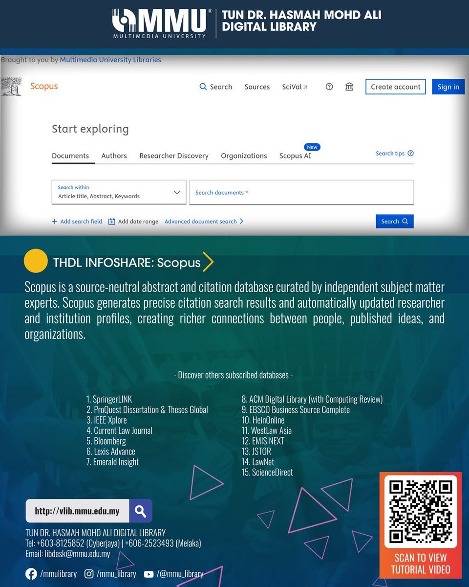 Dear MMU Community,

Let’s discover our e-resources together!
Scopus is a source-neutral abstract and citation database curated by independent subject matter experts. 

For any enquiries, please email libdesk@mmu.edu.my