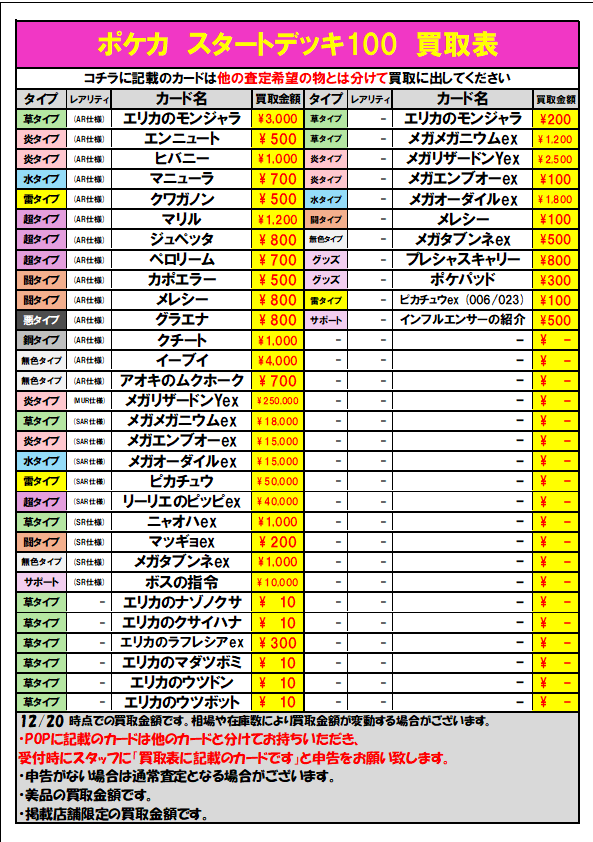 ポケカ スタートデッキ100 買取表更新しました‼ ✓メガリザードンYex