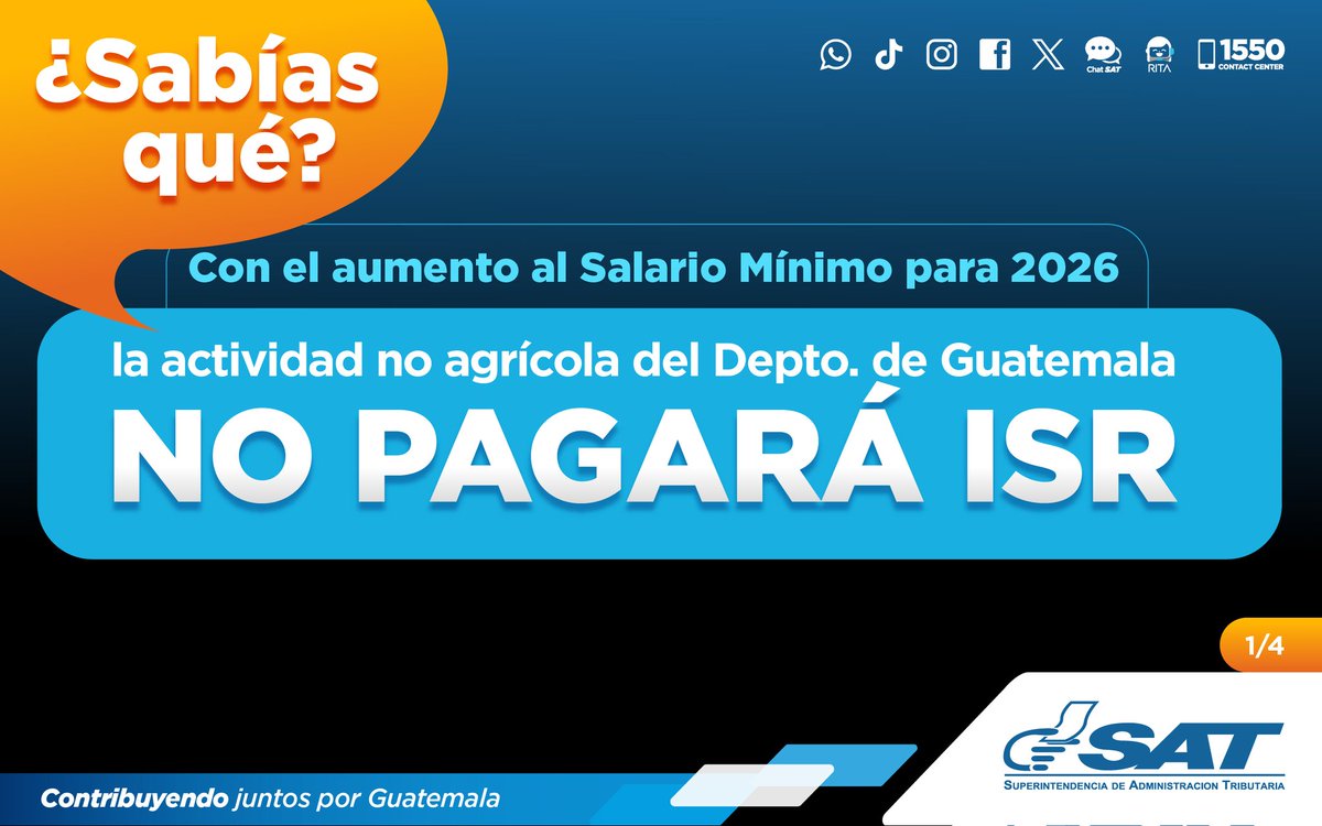 SATGT's tweet photo. ¿Sabías que❓️

Con el aumento al salario mínimo para 2026, la actividad no agrícola del Depto. de Guatemala, no pagará #ISR.

Te explicamos y te damos algunas recomendaciones que debes considerar 👇 https://t.co/7FoDONdxtW