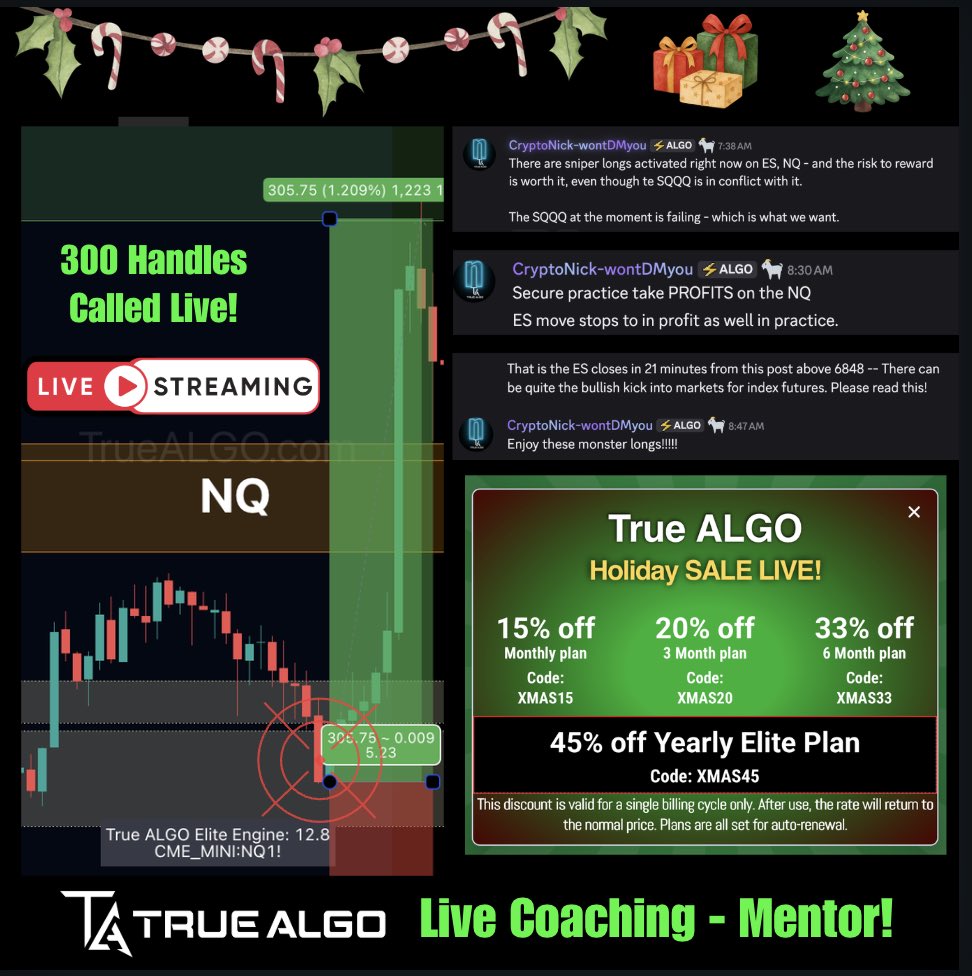 🎄 TRUE ALGO HOLIDAY SALE IS LIVE! 🎄
This is your chance to step into 2025 with a real trading edge — backed by stats, structure, and live coaching on LIVE candles.
🔥 Holiday Discounts (Limited Time):
• 15% off Monthly – Code: XMAS15
• 20% off 3-Month – Code: XMAS20
• 33%