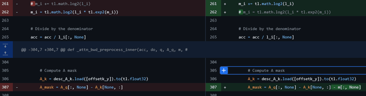 gmongaras's tweet photo. Two lines really killed my Triton kernel on large outputs lol. Interestingly, the error was the same on my test case but not using the max during the forward pass consistently killed the kernel after a while. Very annoying bug as I had to retrain to see if it was fixed. https://t.co/9fV9Bj9Q2a