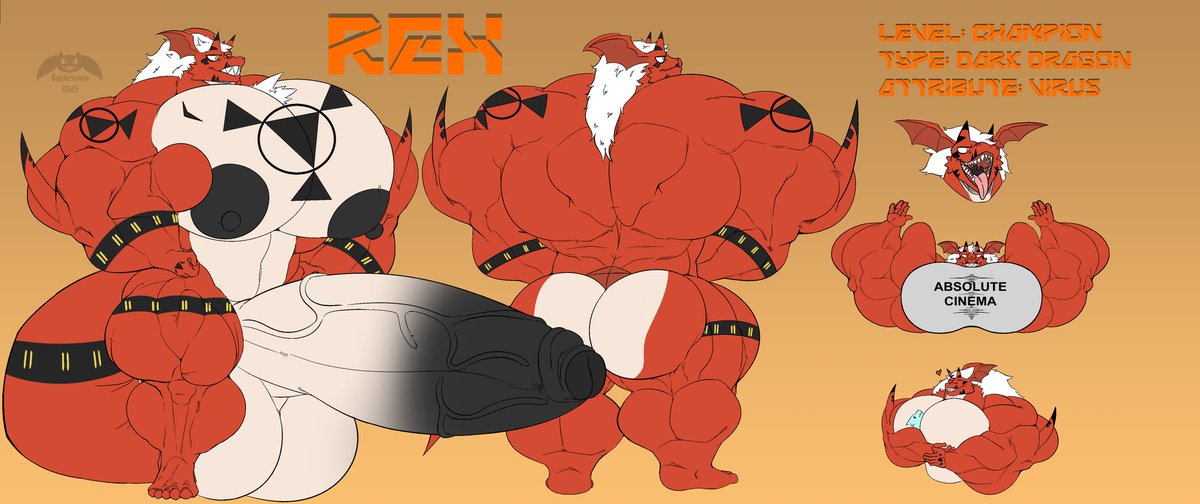 Welcome to the world of Bara men, my newest oc Rex the growlmon
Ref sheet by <a href="/Boldemonic/">Bold</a>