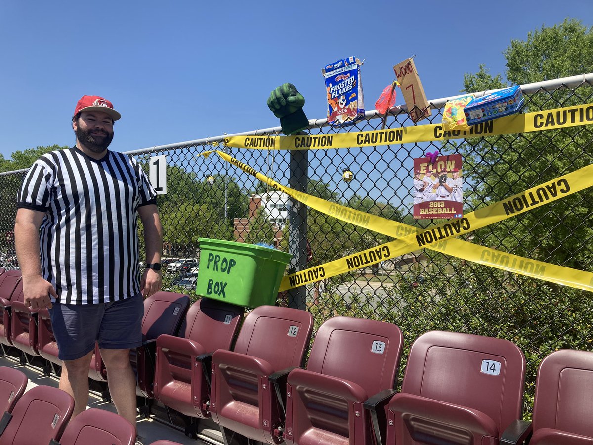 SteveUnoTres's tweet photo. Big news for the most passionate @ElonPhoenix fan I’ve ever known & a great friend:
@maxgongaware, who wore a ref shirt and Expos hat to @ElonBaseball home games from 2010-2012 while screaming dumb jokes, GOT MARRIED last weekend!
He says he still has the #PropBox at his house! https://t.co/vB27J5i29t