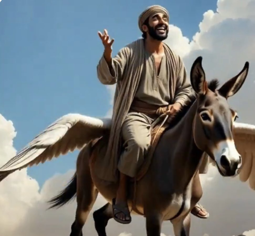 1.400 yıl önce, Muhammed göğe gidip gelmek için uçan bir eşeğin sırtında uçtu.
Sonra uyandı.