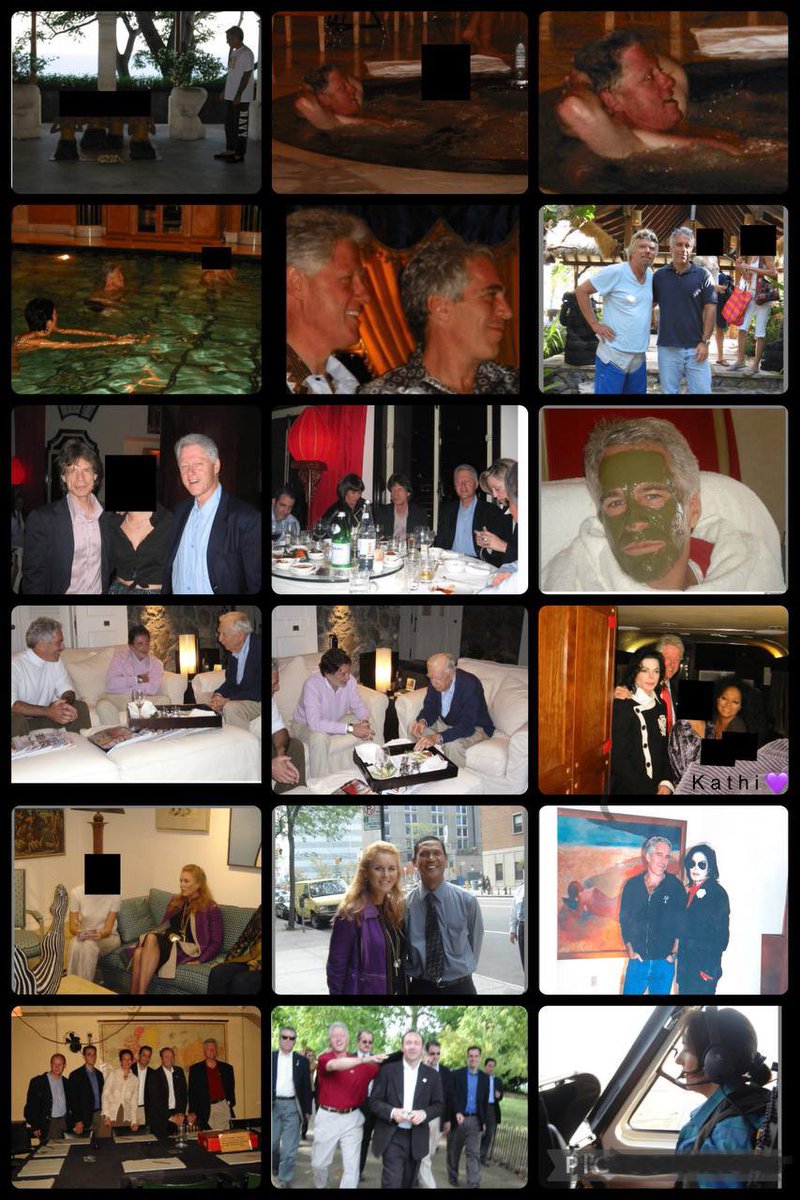 TheRealSantino's tweet photo. 🚨BREAKING US JUSTICE DEPARTMENT RELEASED A HEAVY REDACTED CACHE OF EPSTEIN FILES PHOTOS 12/18/2025 

Here are some of the photos that I skimmed through In order: 👇

Three or four boys & Jeffrey Epstein
Bill Clinton 
Bill Clinton, Ghislaine Maxwell & unknown 
Bill Clinton & Jeffrey Epstein
Richard Branson & Jeffrey Epstein
Mick Jagger & Bill Clinton (2 pics)
Jeffrey Epstein, Walter Cronkite & unknown
Jeffrey Epstein in mask 
Michael Jackson, Bill Clinton & Diana Ross
Sarah Ferguson & unknown (2 pics)
Jeffrey Epstein & Michael Jackson 
Kevin Spacey & Bill Clinton 
Ghislaine in helicopter