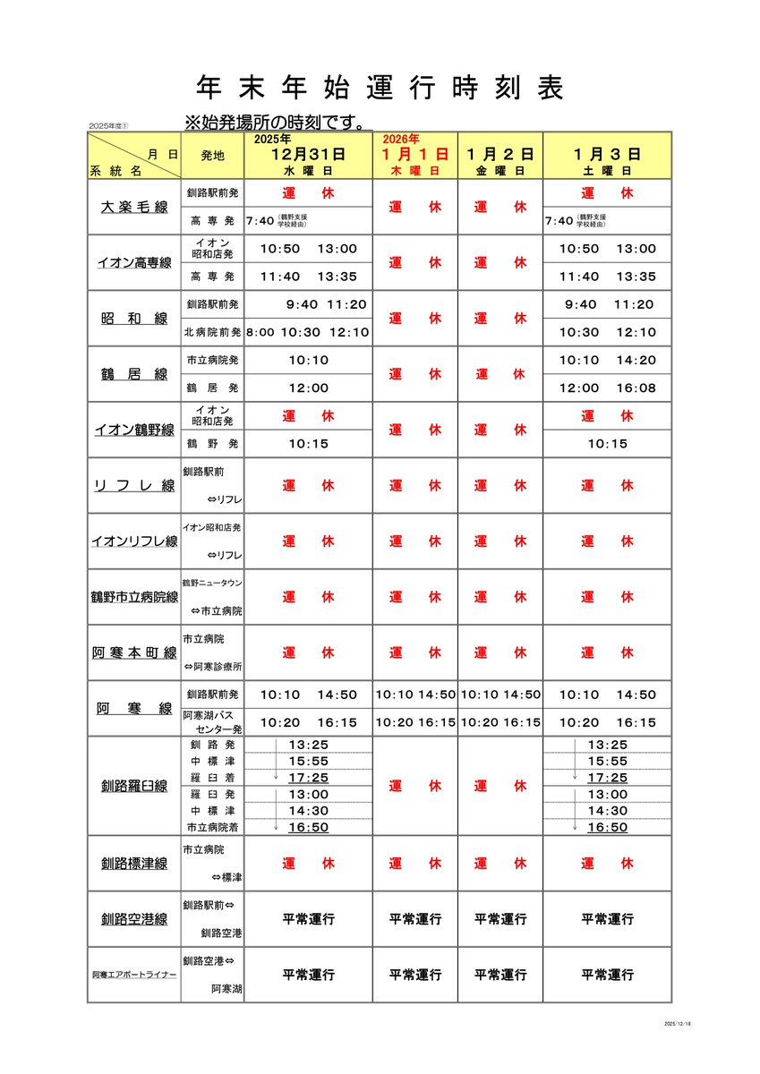 akanbasu's tweet photo. 【お知らせ】
年末年始の運行状況について
12月31日～1月3日が年末年始ダイヤで運行致します。
12月30日までと1月4日からは通常ダイヤになります。 https://t.co/a5BisrGxht