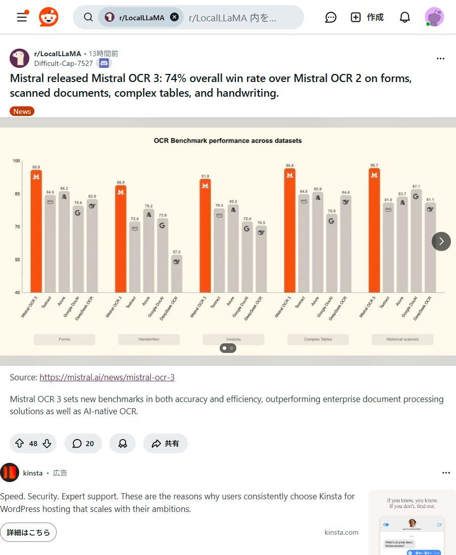 ai_hakase_'s tweet image. 【速報】Mistral OCR 3爆誕！文書処理の常識を変えるAIが登場！🎉
圧倒的な精度とZDRポリシーで、企業文書の自動化とデータ保護を両立！業務効率が爆上がりしますよ！✨
#MistralAI #OCR