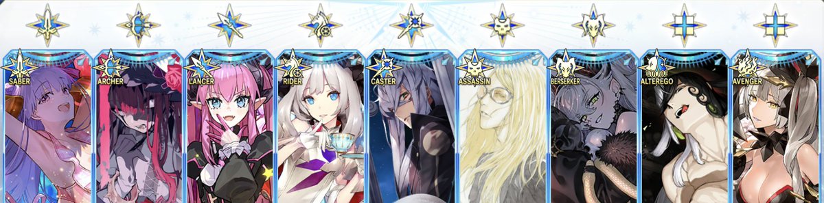 気づけばもうあっという間に12月20日
fgo終章開幕 楽しみでもあり、とうとう終わるのか……という寂しさもあり 不思議な気持ちです 夜が待ち遠しい

これは私のグランドサーヴァントなんですが、ピンク系・銀髪の女の子か、男性陣は全員長髪と見事に好みが偏っております こんなに顕著だと面白いですね