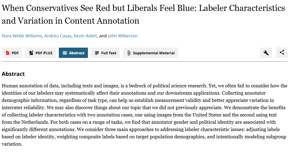 The_JOP's tweet photo. "When Conservatives See Red but Liberals Feel Blue: Labeler Characteristics and Variation in Content Annotation" by Nora Webb Williams, Andreu Casas, Kevin Aslett, and John Wilkerson. https://t.co/gvWkSYRGXP https://t.co/SiEfazPvwO