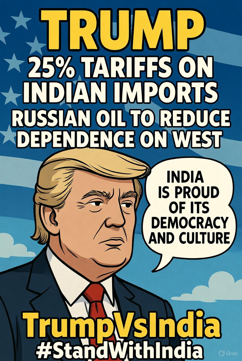 Deecodingfacts's tweet image. 🚨 Trump's fresh attack on India: Slapping 25% tariffs cuz we buy Russian oil? 😤 Says it's "reciprocal," but it's killing our rupee &amp;amp; exports! Time to call out this trade bully—India won't bow! Who's with us? 🇮🇳💪 #TrumpVsIndia #StandWithIndia