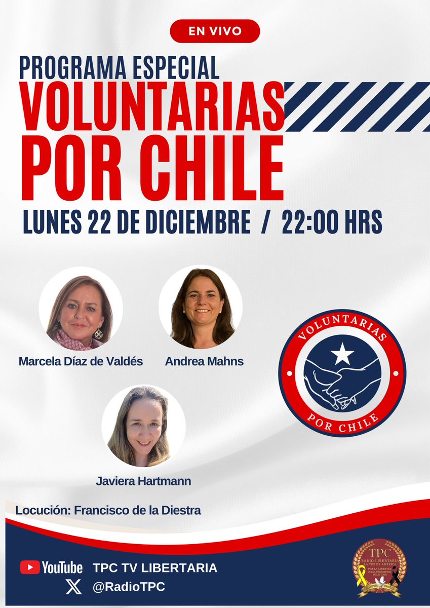 Las Esperamos el próximo lunes a las 22:00 hrs.
<a href="/defensachilena/">Andrea</a> 
<a href="/JavieraHartmann/">Javiera Hartmann</a> 
<a href="/RadioTPC/">TPC RADIO LIBERTARIA</a> 
<a href="/Francis25830521/">Francisco de La Diestra (Capitán Hunter)</a>