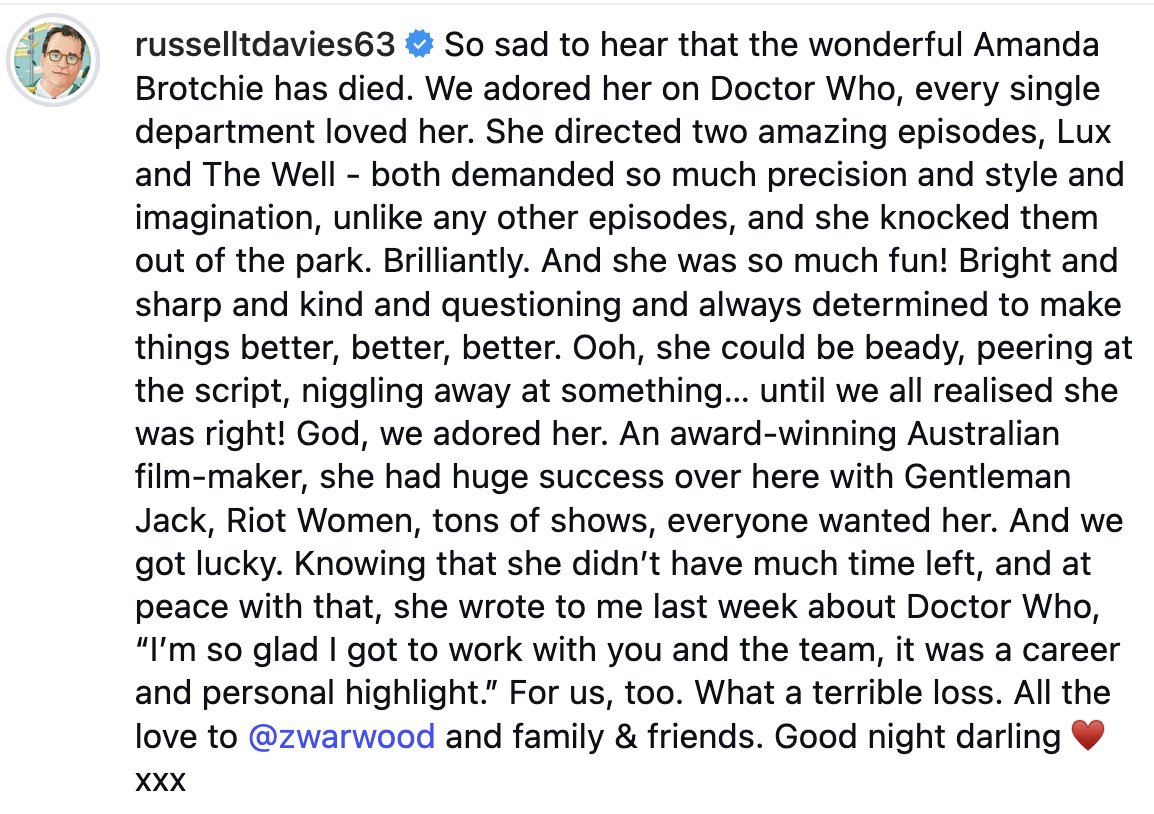 adamzwar's tweet photo. Such a perfect tribute for @amandabrotchie from Doctor Who showrunner, Russell T. Davies. https://t.co/WnBPxCnavO