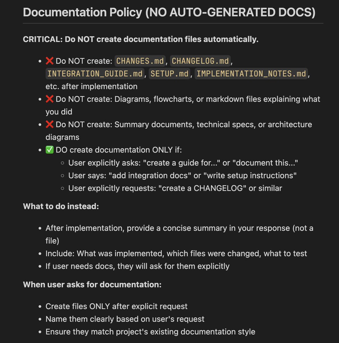 jc_coder1's tweet image. Had to create this one specifically for claude models . 

Most times when i ask it to make an update , it ends up generating 2+ extra markdowns telling what it worked on , why , how to integrate , how to test , etc.... 

Man , I don't need all those 😅