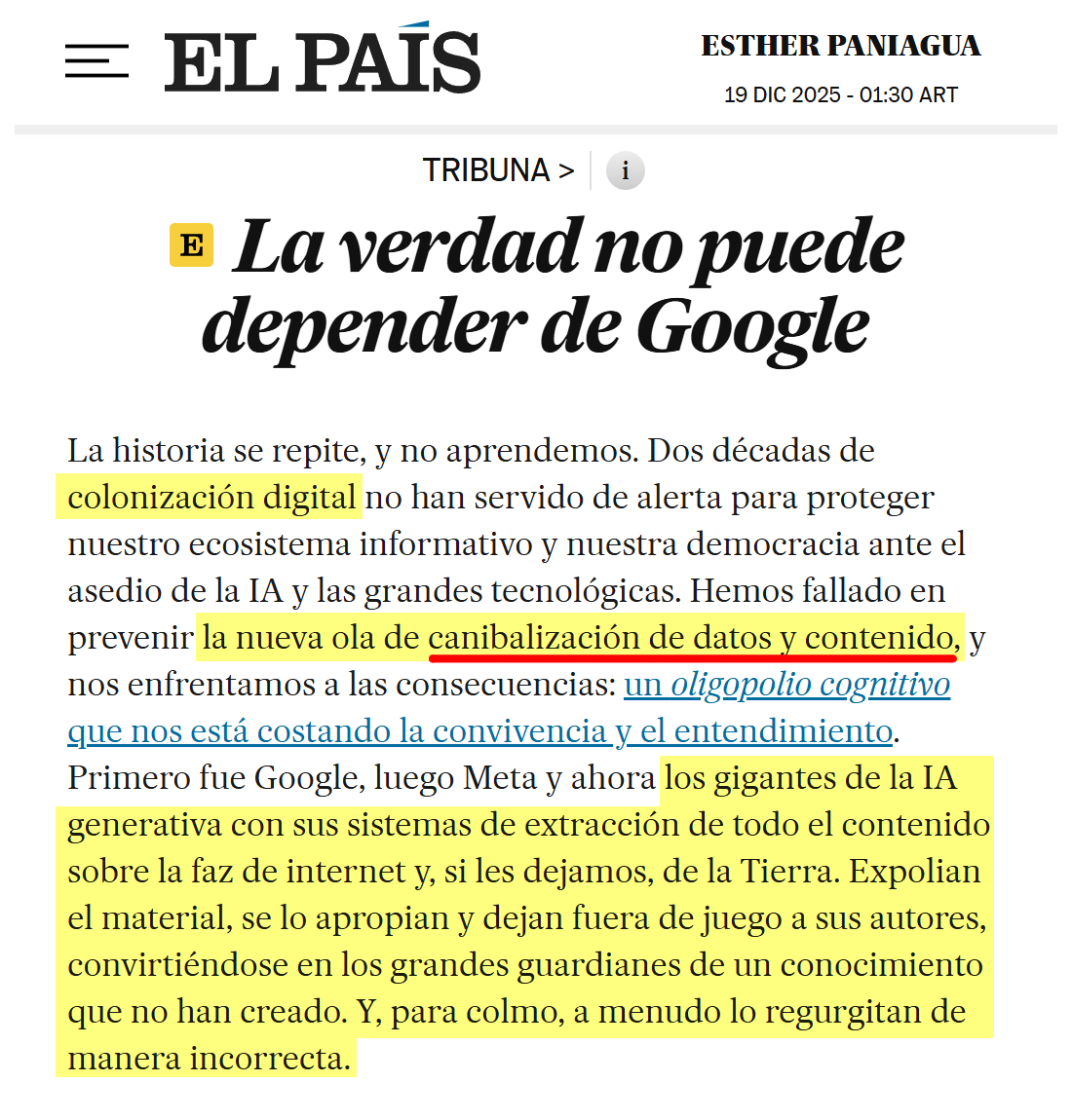 La democracia amenazada «ante el asedio de la IA y las Big Tech. Colonización digital. Canibalización de datos y contenido. Los chatbots y resultados de IA son la cárcel informativa de nuestro tiempo. La verdad no puede depender de Google y sus secuaces» 🎯 Esther Paniagua