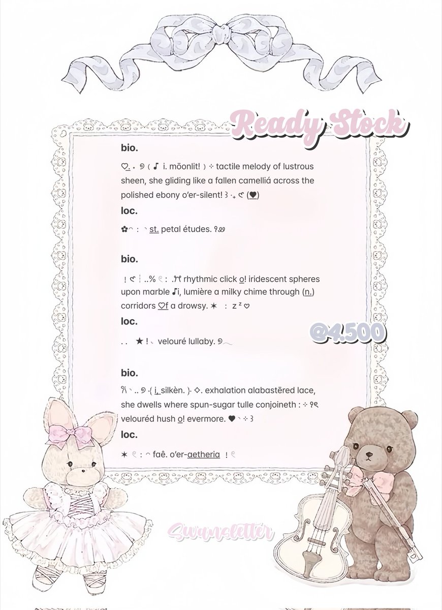 swansletter's tweet image. ㅤ
ㅤㅤ♡͟.𐔌 ݂۫  · ✶  ﹕🎀🍀 .. — %!
help rt pleasee, thankiees! 🐰💗.

yimlooo ciang cahabat! ;0 ivy bawa lagi enam bundle wording bio dan loc classy ready stock for all account! mayiii jemput. ⭐___⭐ price 4.500/each sajaa yap! letcgoo-go habiciin &amp;lt;3.

t. zonauang bio loc rs