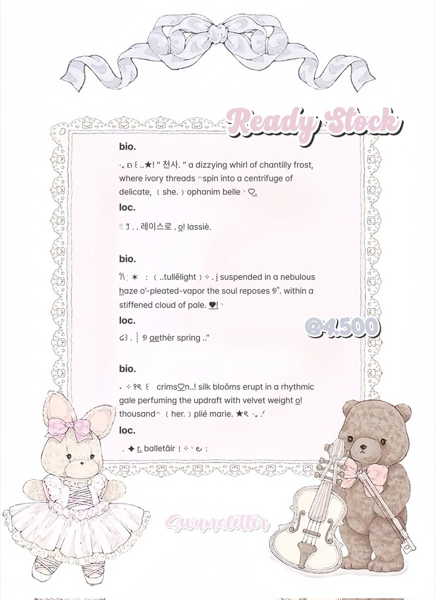 swansletter's tweet image. ㅤ
ㅤㅤ♡͟.𐔌 ݂۫  · ✶  ﹕🎀🍀 .. — %!
help rt pleasee, thankiees! 🐰💗.

yimlooo ciang cahabat! ;0 ivy bawa lagi enam bundle wording bio dan loc classy ready stock for all account! mayiii jemput. ⭐___⭐ price 4.500/each sajaa yap! letcgoo-go habiciin &amp;lt;3.

t. zonauang bio loc rs