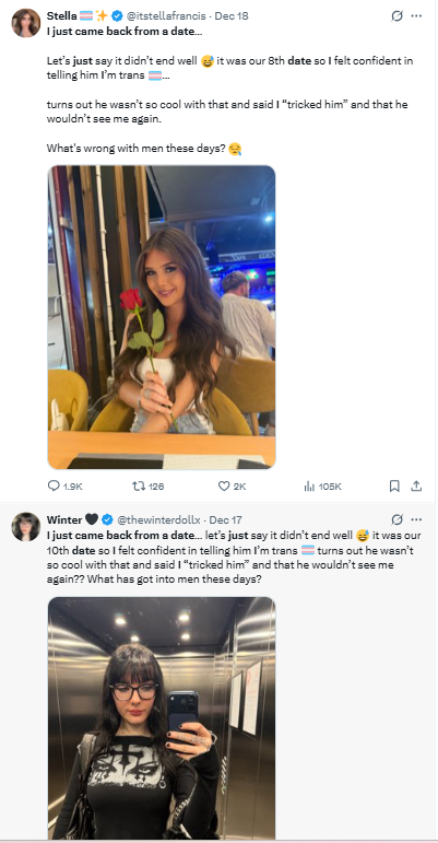 LATEST SCAM ACCOUNTS! 
Just signed up to X ten days ago &amp; have over 8000 followers. All posts are rage-baiting anti-trans people. Getting thousands of "likes" and comments. Clearly fake accounts posting the same shit. To what end?