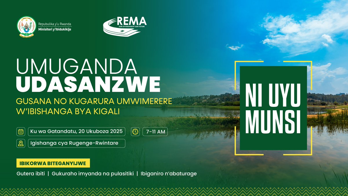 KigaliPark's tweet image. Uyu munsi ni Umuganda udasanzwe!

🌱 Gutera ibiti
♻️ Gutora imyanda
 🗣 Ibiganiro n’abaturage

Abatuye hafi y’igishanga cya Rugenge–Rwintare, mu mirenge ya Kacyiru na Muhima, barashishikarizwa kwitabira maze dufatanye kubungabunga ibidukikije.

Uruhare rwawe ni ingenzi.