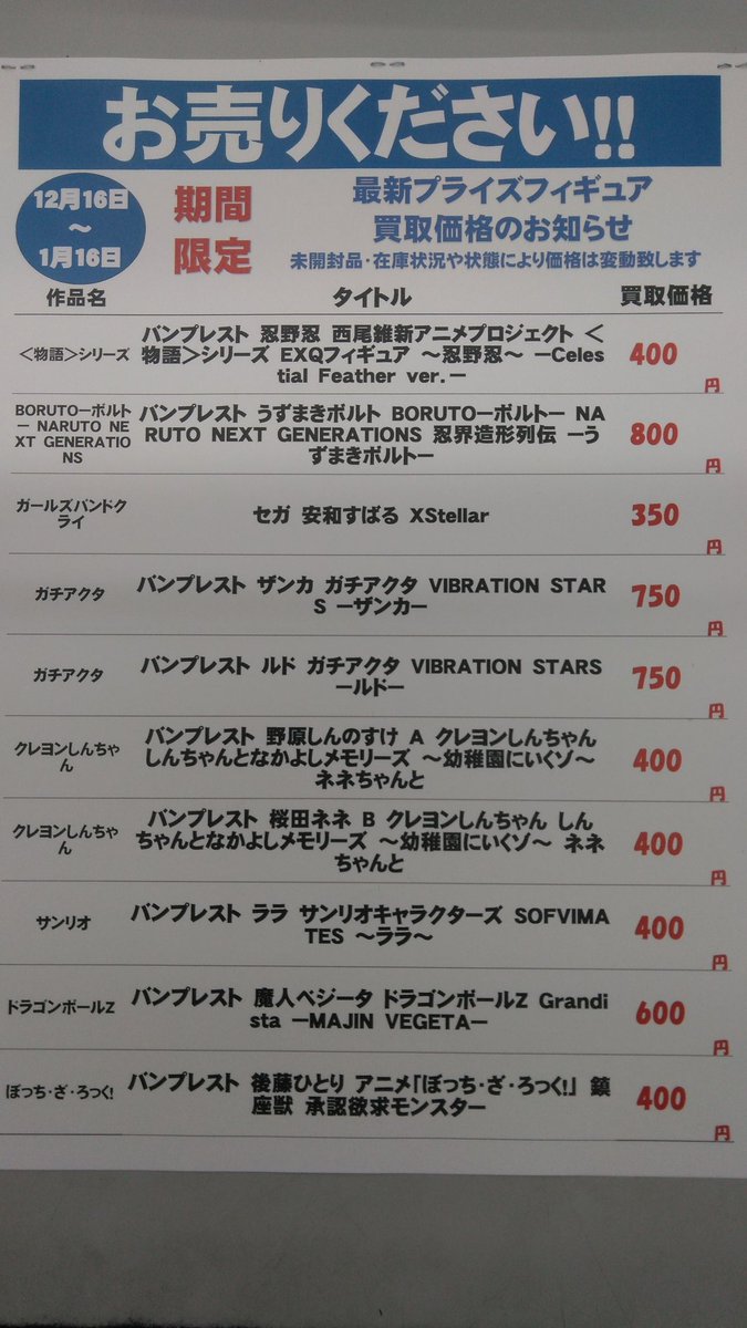 処分価格価格！40点プライズまとめ売り！ プライズフィギュア】 12/20以降のプライズフィギュア買取表となります