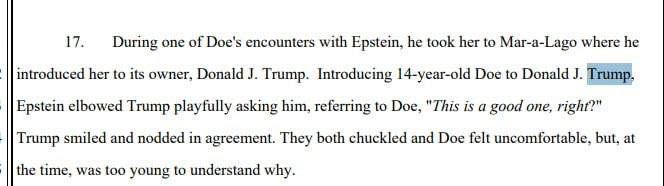 🚨🇺🇸 BREAKING: Epstein brought a 14-year old girl to Trump at Mar-a-Lago, saying: 

"This is a good one, right?" – Trump nodded in agreement