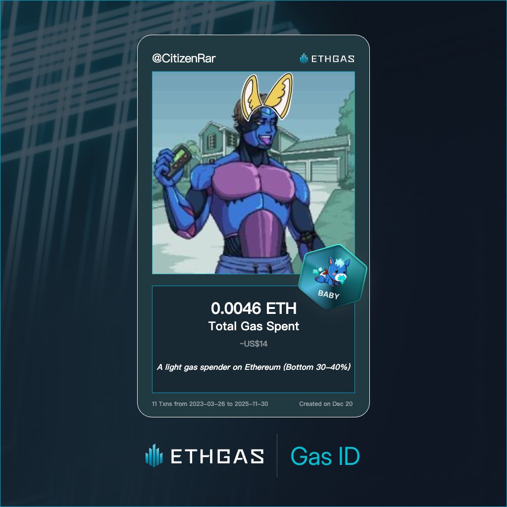 CitizenRar's tweet photo. Discovered my Gas ID via ETHGas - turning my gas spend into rewards 🫘

As a Baby Jack, I've spent 0.0046 ETH on gas but earned 1 Beans back.

Get your Gas ID and Beans here: https://t.co/yljxCWyKg1 https://t.co/Vo2DYmFAQ5