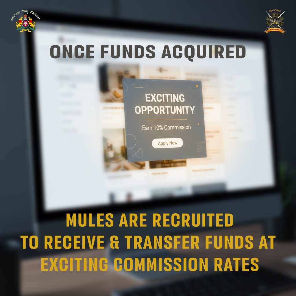 CyberRakshaka's tweet photo. Money Mule Scam – Modus Operandi

✔️ Luring offers
✔️ Use of innocent bank accounts
✔️ Movement of illegal funds
✔️ Legal consequences for the account holder

🚫 Never share your bank details.
🚫 Never transfer money for strangers.

Stay alert. Stay legal.
#cyberrakshak #StaySafe https://t.co/C7Vco5ioQI
