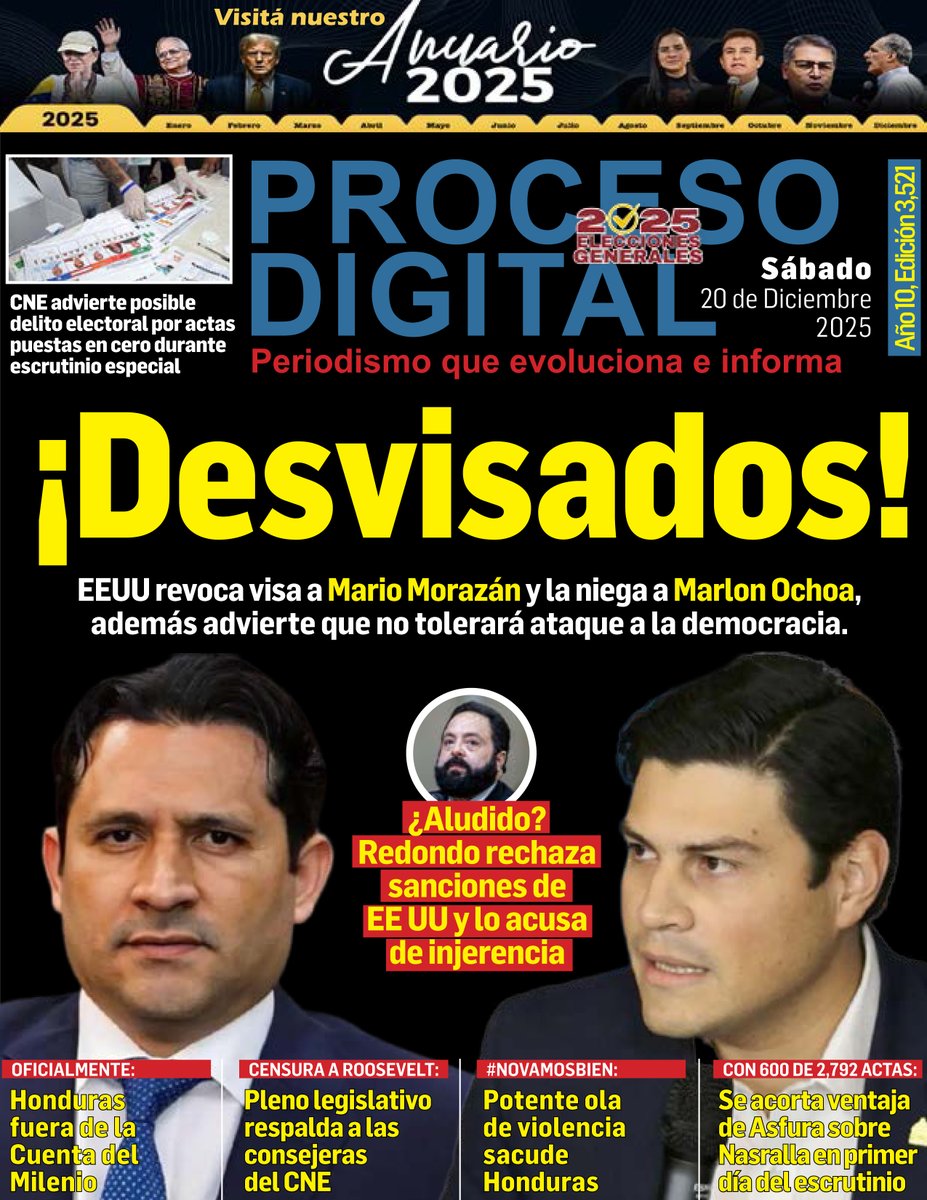 ProcesoDigital's tweet photo. #PORTADA @ProcesoDigital Sábado 20.12.2025. #Honduras #EEUU #Elecciones #Política #Libre #MarlonOchoa #MarioMorazán #Desvisados