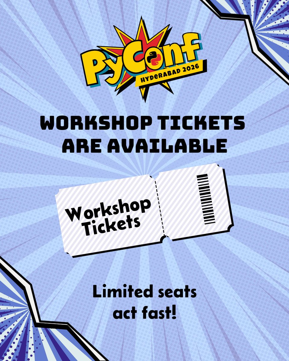 pyconfhyd's tweet image. 💻 Get ready to go hands-on! 

🎟 Workshop tickets for #PyConfHyd2026 are now LIVE!

Join us for immersive, hands-on workshops and learn something amazing with the community.

🔗 Grab your ticket now: 
2026.pyconfhyd.org/tickets

#Tickets #Workshopday #Python #TechEvent #Hyderabad