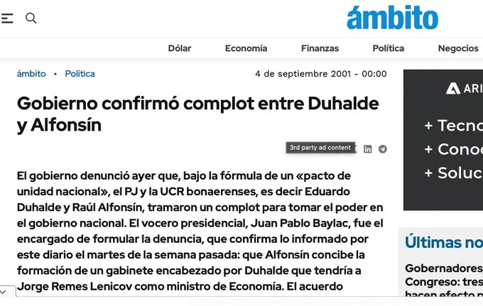 Hoy, 20 de diciembre, se conmemora un nuevo aniversario del golpe ejecutado el 20/12/2001 por el peronismo y el alfonsinismo. Todo para no perder las Cajas, agrandar al Estado, y poder seguir saqueando al sector privado con impunidad.
El golpe de Estado presente.