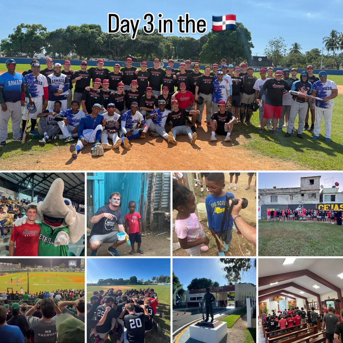 RavenBaseball's tweet photo. Where do we start?

Mass w/ Father Jeremy!

Joined the DR Navy &amp; a practice w/ a youth team on the Naval base.

Painted houses near the sugar cane fields.

DR Winter League game that ended in the 12th on a walk off walk!

Tomorrow: Mass &amp; Beach in the AM &amp; Christmas at Casa Amor! https://t.co/HFG5LPtQdh