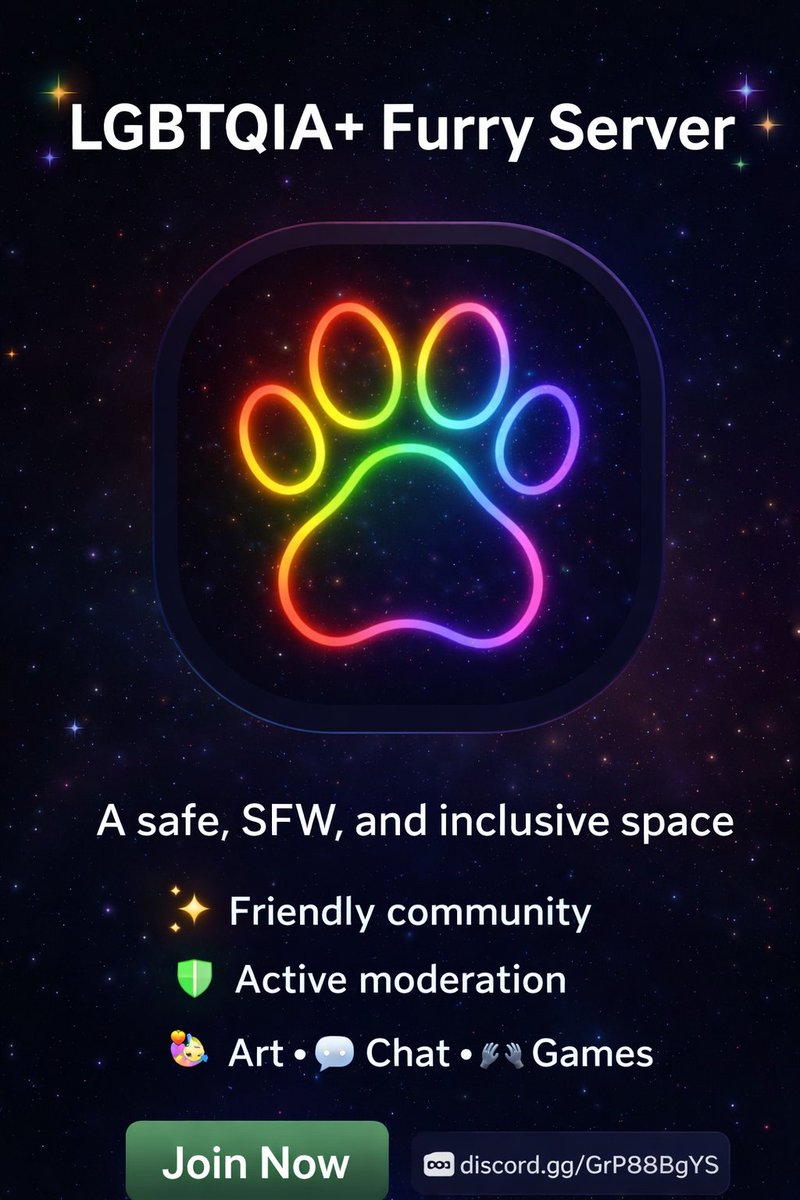 🌈🐾 LGBTQIA+ Furry Server 🐾🌈
A safe, SFW, and inclusive space for furries, allies, and those exploring who they are.
✨ Friendly community
🛡️ Active moderation
🎨 Art • 💬 Chat 
Join us here 👉 discord.gg/GrP88BgYS
#LGBTQIA #Furry #FurryCommunity #SafeSpace #Discord