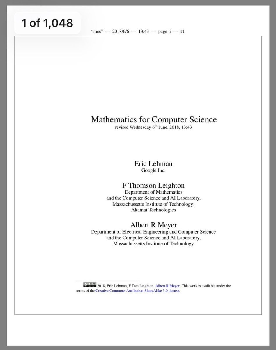 KirkDBorne's tweet image. [Download 1048-page PDF eBook]

#Mathematics for Computer Science: courses.csail.mit.edu/6.042/spring18… from @MIT @MIT_CSAIL
—————
#ComputerScience #Algorithms #ComputationalScience
