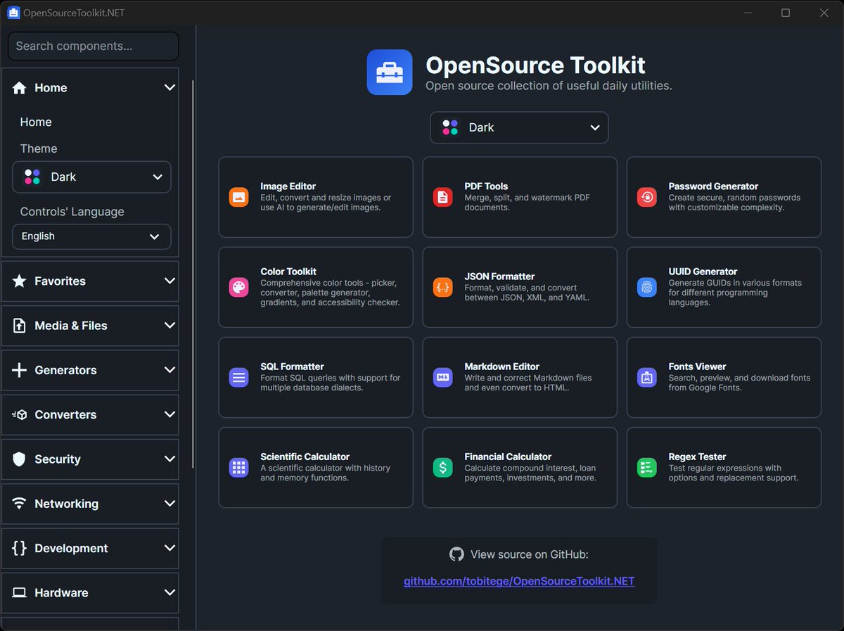tobitege's tweet image. Happy to announce my 1st release of OpenSourceToolkit.NET 🥳- helpful daily tools in one UI, multi-lingual, 30+ themes!
github.com/tobitege/OpenS…
#dotnet #avalonia #OpenSource 
Built with Flowery.NET and @AvaloniaUI