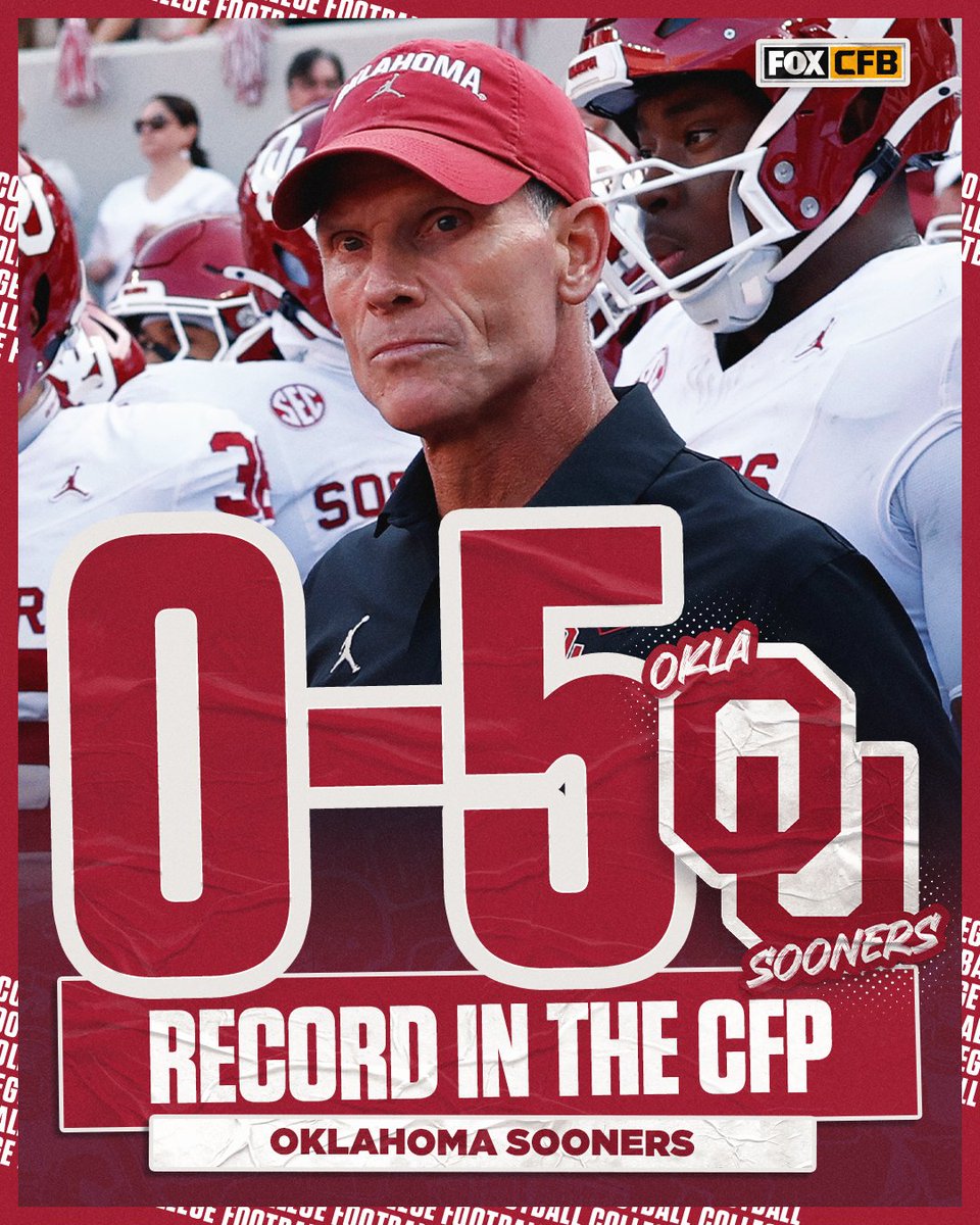 CFBONFOX's tweet image. Brent Venables and Oklahoma fall to 0-5 all-time in the CFP 😬