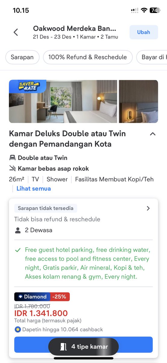 WTS voucher hotel Oakwood Merdeka Bandung.

C. In: 21 Des (Minggu) ; C. Out: 23 Des (Selasa) 
Kamar Deluks, No Breakfast.

Jual di bawah harga beli aja, 1jt net. Harga pasaran masih 1,3jt ke atas. 

Yang minta, kindly DM ya.. Makasih. 

#StaycationBandung #HotelBandung #ZonaUang