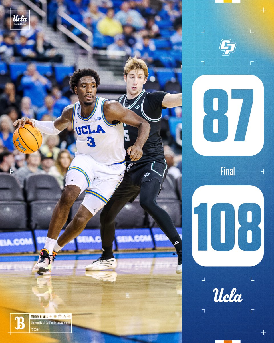 UCLAMBB's tweet image. FINAL: UCLA 108, Cal Poly 87

#GoBruins