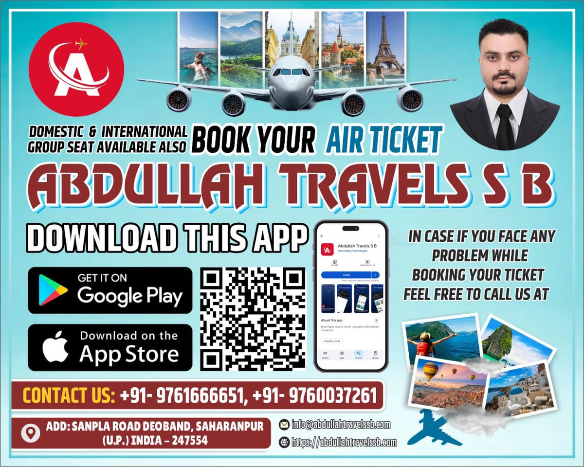 ASB9761666651's tweet photo. BOOK NOW YOUR  AIR TICKET WITH 

https://t.co/z7cKrnSV1T

GET THE APP ✅ 

https://t.co/gzKM5uurvZ

DOMESTIC  &amp; INTERNATIONAL 

GROUP SEAT AVAILABLE ALSO 

For more information contact with US 

📞 +919761666651 📞 +9197600 37261 

Email info@abdullahtravelssb.com

#travel#India https://t.co/azY5xQsMw7