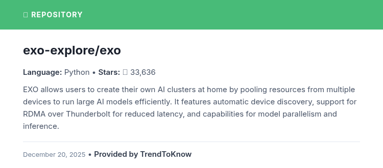 aitrendings's tweet photo. exo-explore/exo

💻 Python

#AIClusters #ModelParallelism #RDMA #Python #OpenSource

🔗 https://t.co/fiPGm0FUT0 https://t.co/N7J3MbfUcB