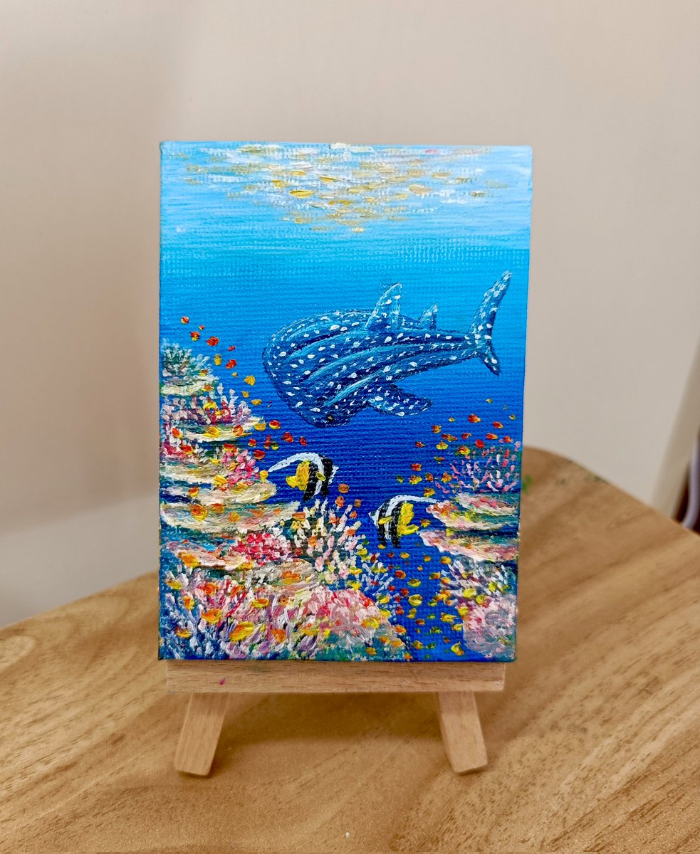 【Popon】油絵 絵画「魚たちの海中公園」 油彩画 原画 P20 世界最大の魚 ジンベエザメ #油彩画