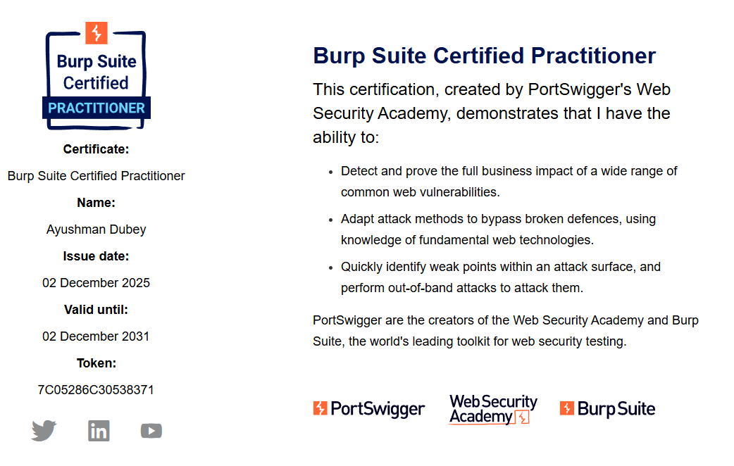 D4mianWayne's tweet photo. Passed my BSCP certification with just 25 day preparation, preparation was great with PortSwigger's Lab challenges. Exam was quite a ride but definitely doable. Created a repository with all the payloads and techniques I encountered while preparing. https://t.co/sg9wC9zKpa
#bscp https://t.co/iXXH8Nhx9P
