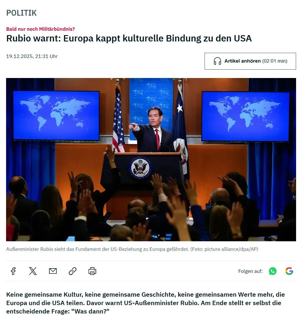 "Europa kappt kulturelle Bindung zu den USA."

Europa hat:
3.000 Jahre Geschichte
200 Sprachen (24 offizielle Amtssprachen in der EU)
Wahrscheinlich so viele Nationalspeisen wie Regionen
Philosophie, Kunst, Musik, Architektur

Die USA haben:
250 Jahre
Hollywood
Fast Food

Nicht