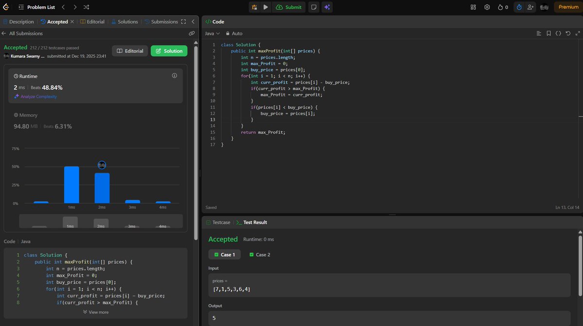 Kum4rX__'s tweet image. 🚀 Day 7/30 – LeetCode 121

Problem: Best Time to Buy &amp;amp; Sell Stock

💡 Idea:
- Track minimum price
- Update max profit

⏱ Time: O(n)
🧠 Space: O(1)

#LeetCode #DSA #Java