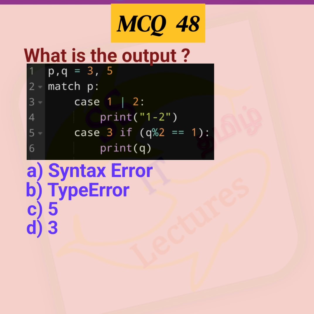 SS_ITLecsTamil's tweet image. 🪅Python Tricky Quiz !

🤔Can you guess the result? Comment it!

#pythonforbeginners #python
#python_programming 
#pythonlearning #pythonprogramming #pythoninterviewquestionsandanswers  #pythonprograms #pythoncoders #pythontutorialforbeginners #pythonquestions 
#python4beginners