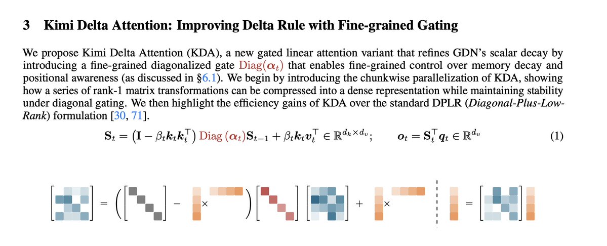 HeMuyu0327's tweet image. Interested in how @Kimi_Moonshot 's kimi linear attention (KDA) "improves" linear attention, I break down the math to show how it evolves all the way from the most basic version.

Linear attention can be seen in two perspectives: 

- On the one hand the linear "fast memory"…