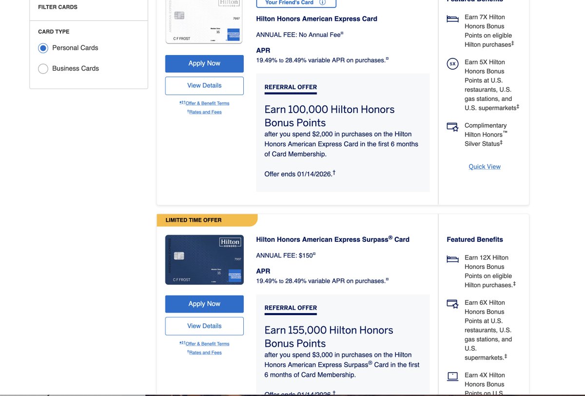 americanexpress.com/en-us/referral…
20,000

Hilton Honors Bonus Points for each eligible referral – up to 140,000 Hilton Honors Bonus Points per calendar year. Terms apply.