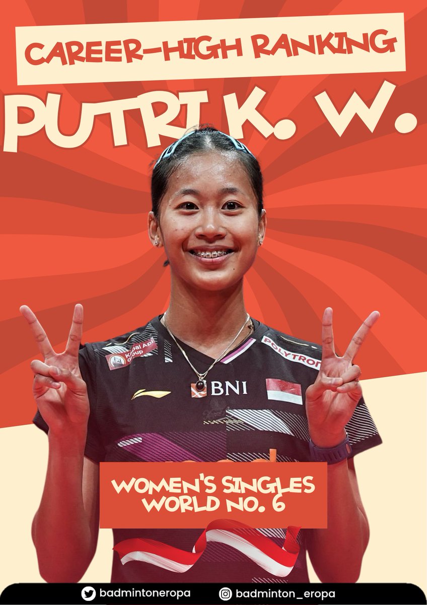 A new milestone to close the year! ✨

Putri Kusuma Wardani (🇮🇩) will officially set to rise to World No. 6 in next week’s BWF rankings following the result of this match. An incredible achievement, Putri! 🔥🔥 Wishing you even brighter 🏸 success in 2026. Selamat yaa 🫰🏻
